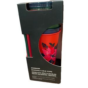 Starbucks NEW in Box Reusable Cold Cups Lids & Straws 24 Oz 5 Pieces Holiday